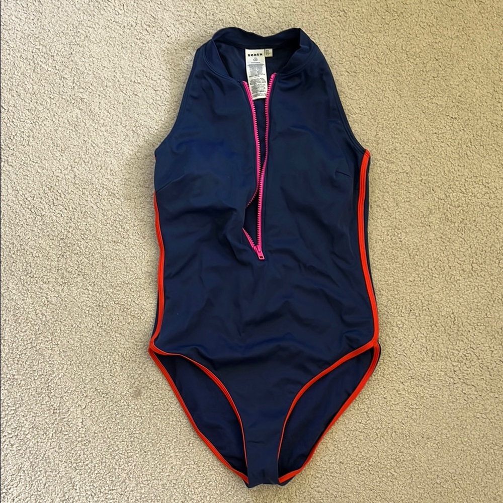 Women’s Boden Navy Blue One Piece Swimsuit with Pink and orange Trim